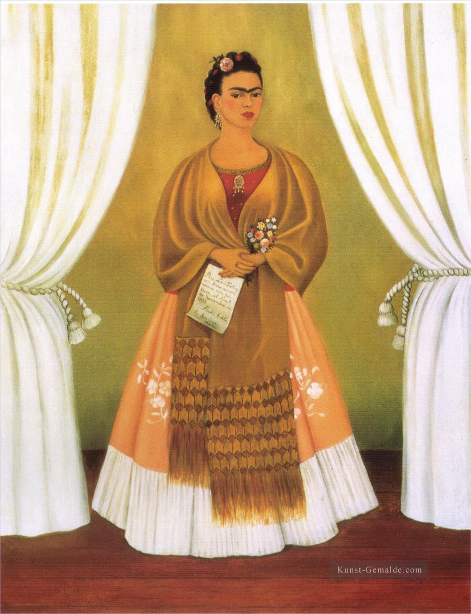 Selbstporträt gewidmet TomLeon Trotzki zwischen den Vorhängen Feminismus Frida Kahlo Ölgemälde